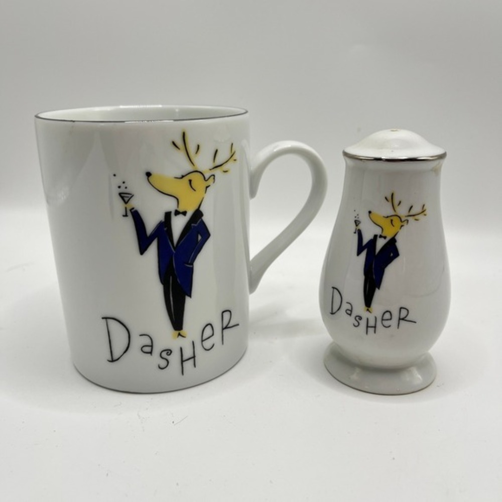 Pottery Barn Reindeer Dasher Mug and Salt Shaker Set Discontinued Christmas.